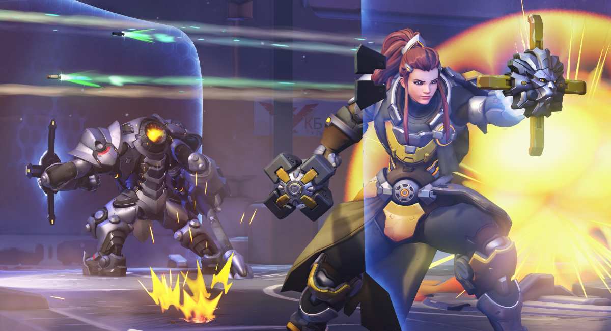Reinhardt and Brigitte shielding from Overwatch