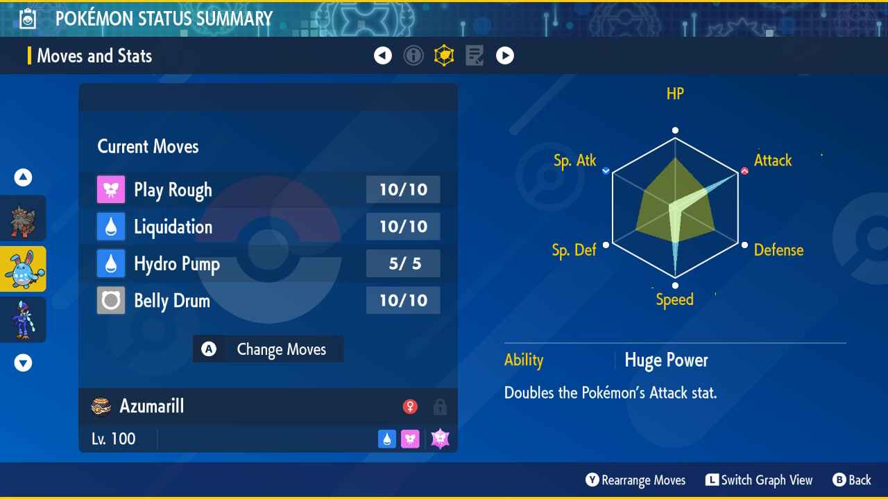 A stat and moveset summary for a level 100 Azumarill in Pokemon Scarlet and Violet