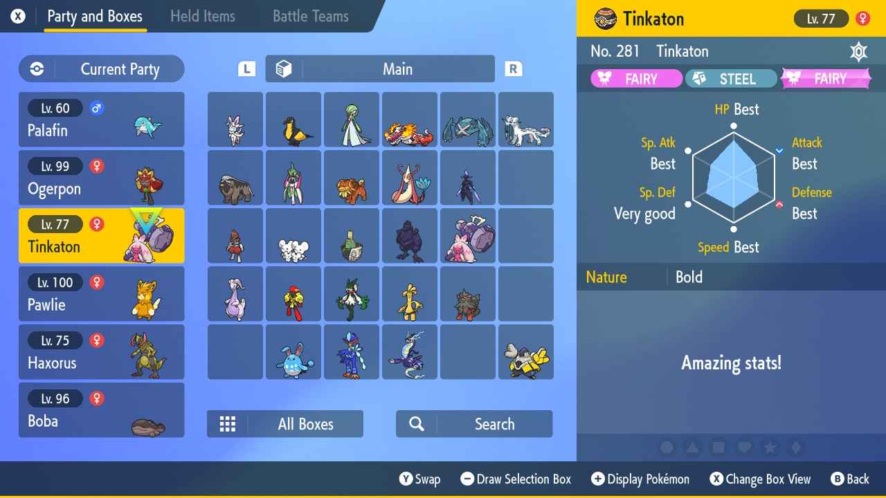 The box menu in Pokemon Scarlet and Violet showing off several pokemon both in storage and on the player's team. Tinkaton, the highlighted pokemon, is shown with five perfect IVs.