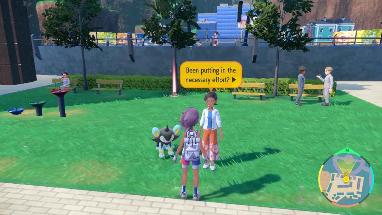A pokemon trainer in Pokemon Scarlet and Violet speaks to a friendly woman standing next to a Luxio.