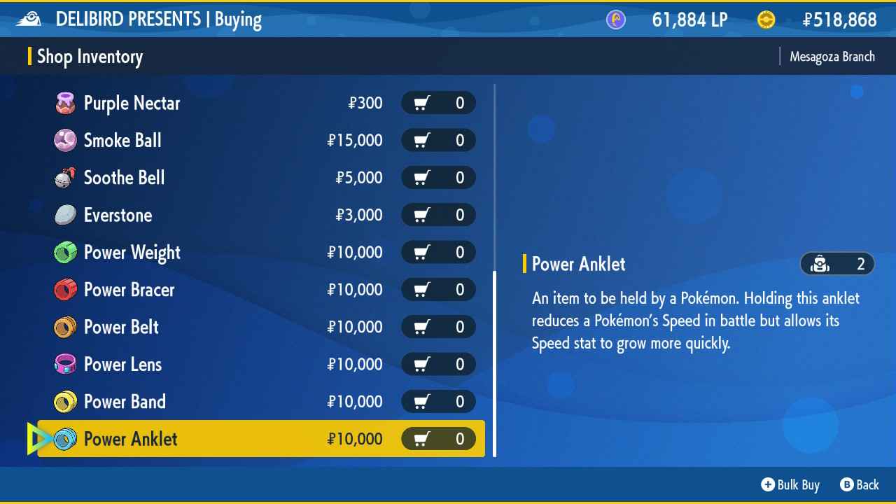 A shop interface for Delibird Presents in Pokemon Scarlet and Violet with various items for sale.