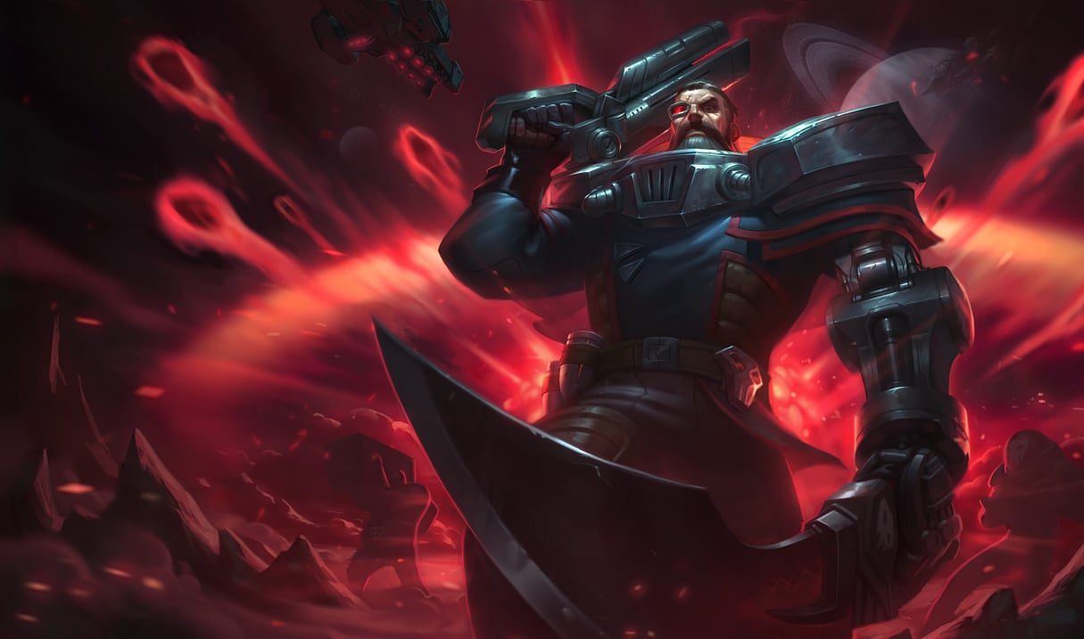 Dreadnought Gangplank skin with cyborg pirate in silver armor and red bullets flying