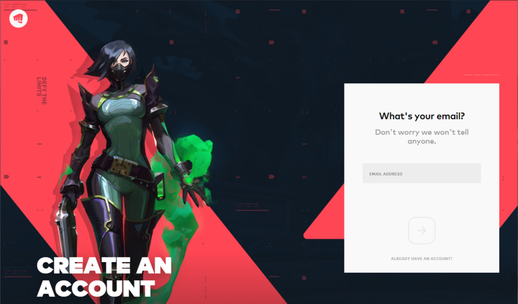 Agent Viper on the account creation screen in VALORANT.