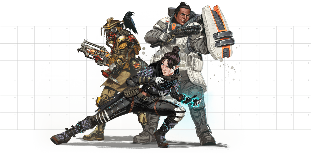 Apex characters Bloodhound, Gibraltar, and Wraith joining forces.
