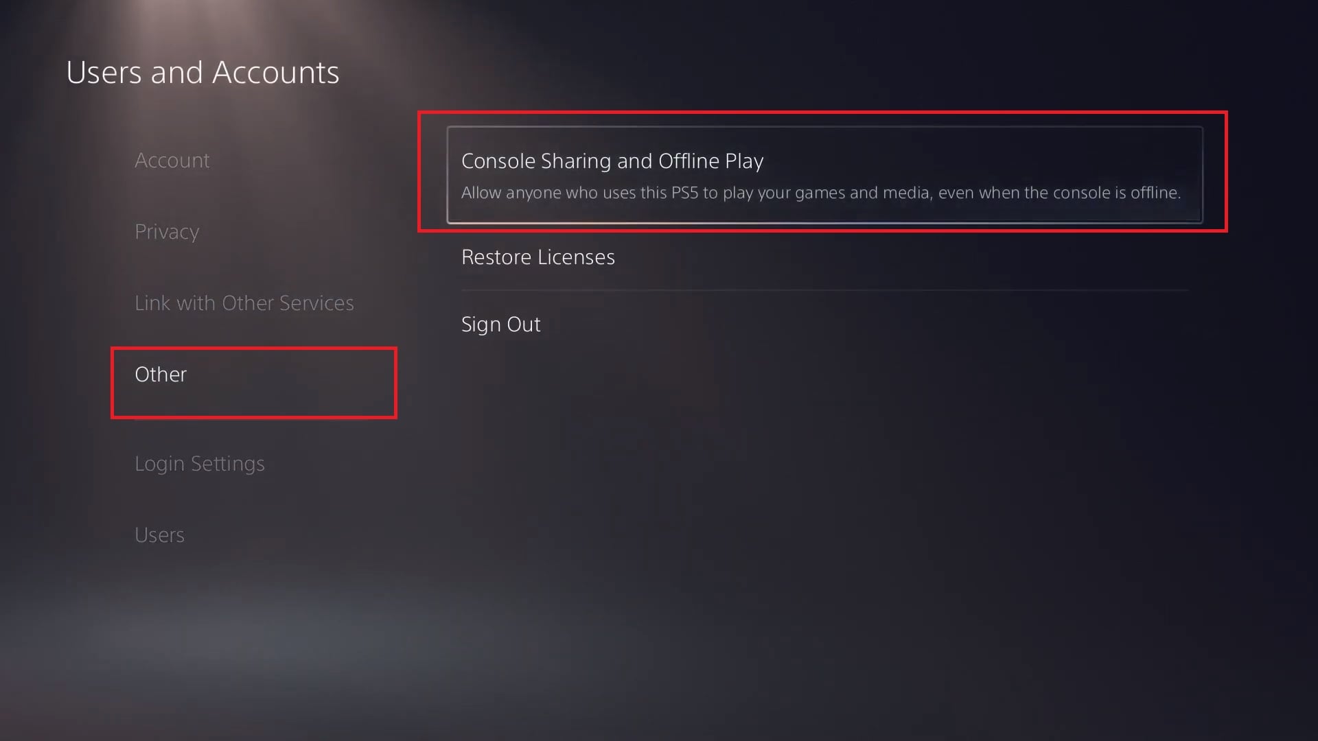 The console sharing screen in the PS5 settings.