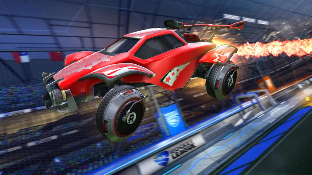 Monstercat Wheels on a player car in Rocket League.