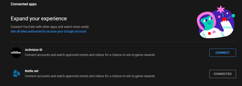An image of the YouTube Connected apps page in a YouTube account settings menu.