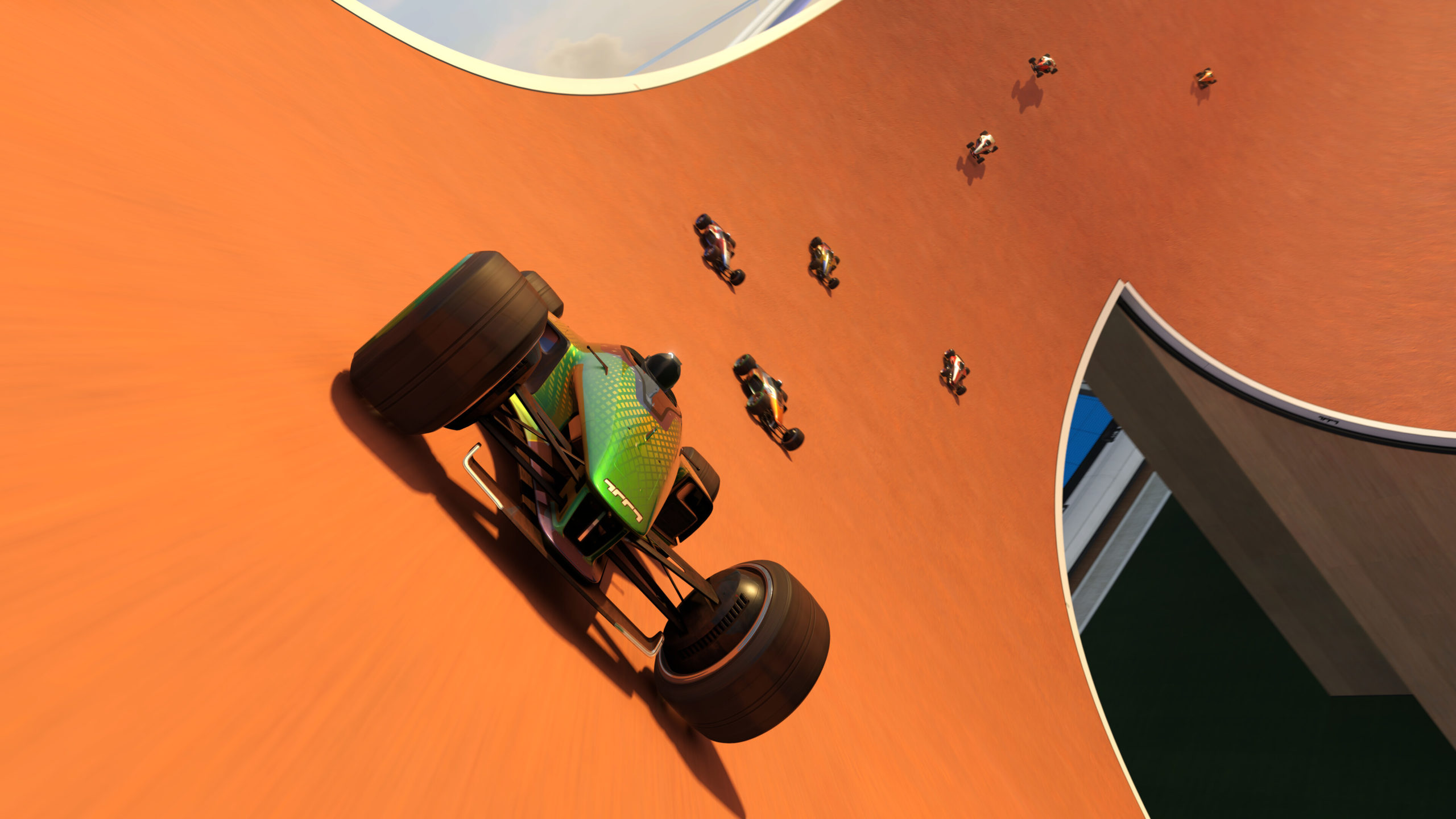 a track in Trackmania alongwith some cars racing