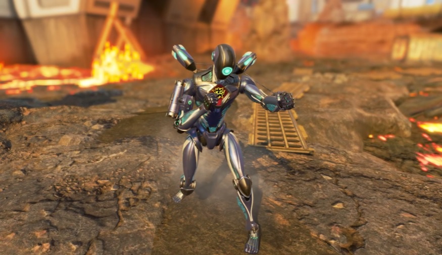 A screenshot of Apex Legends character Pathfinder in a boxing stance.