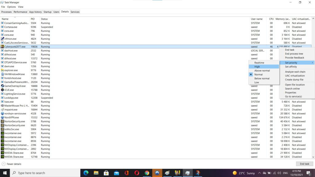 the task manager screen, selecting Cyberpunk priorities