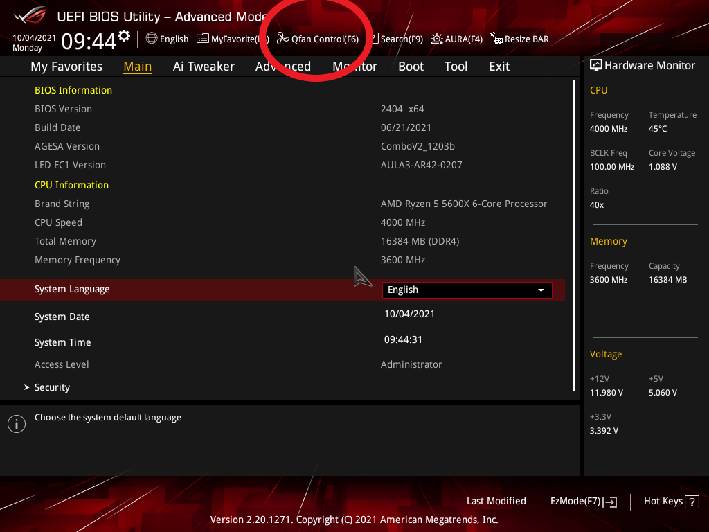 UEFI BIOS utility panel