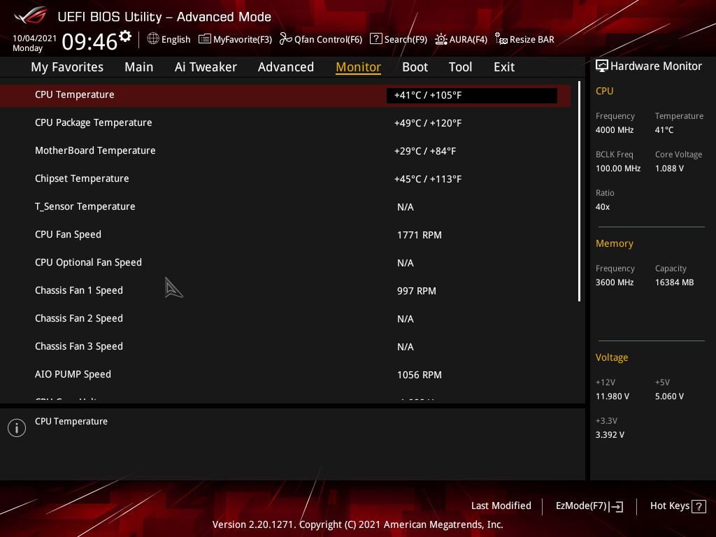 UEFI BIOS Monitor screen