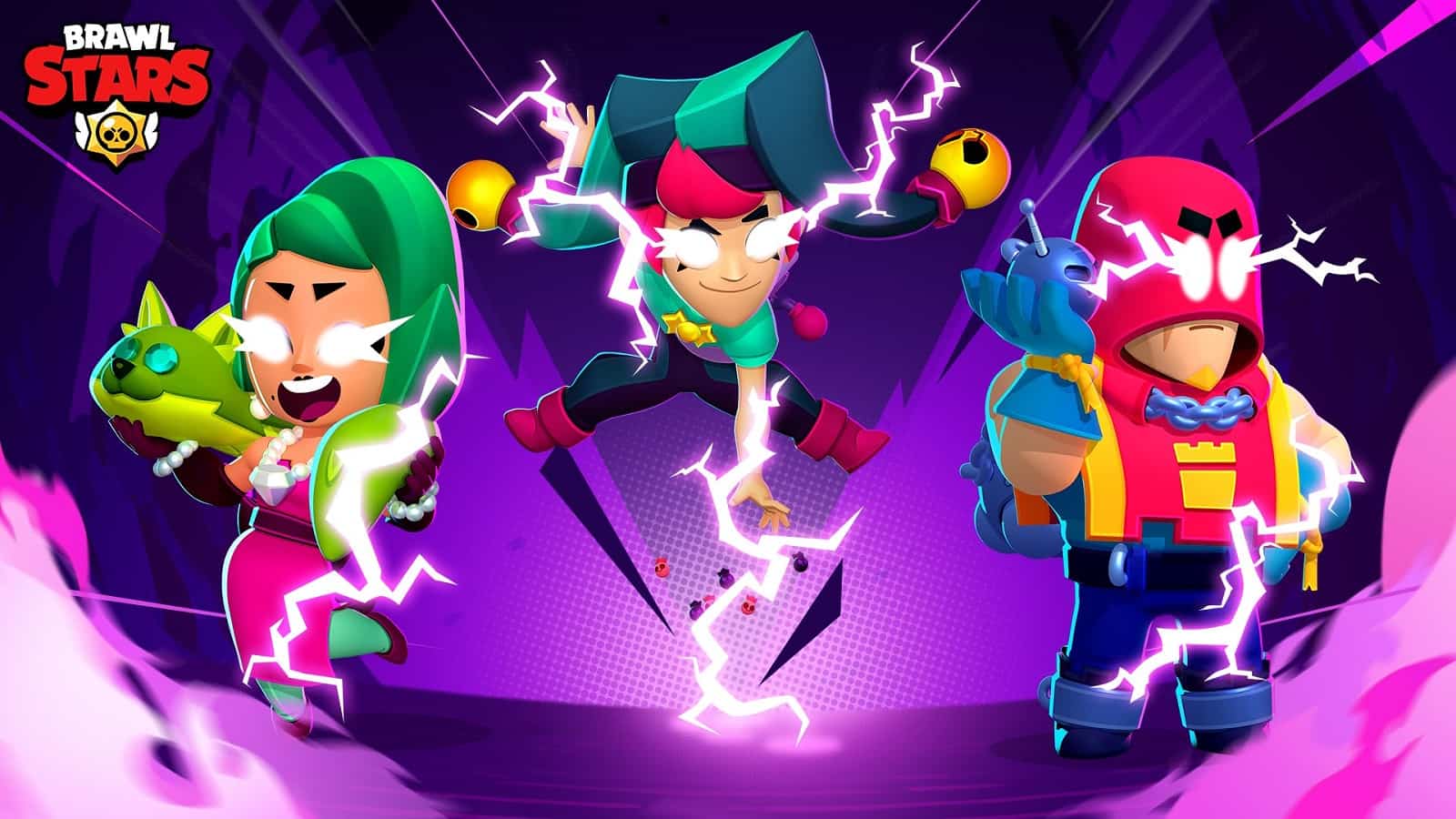 cover art for Brawl Stars featuring multiple supercharged brawlers.