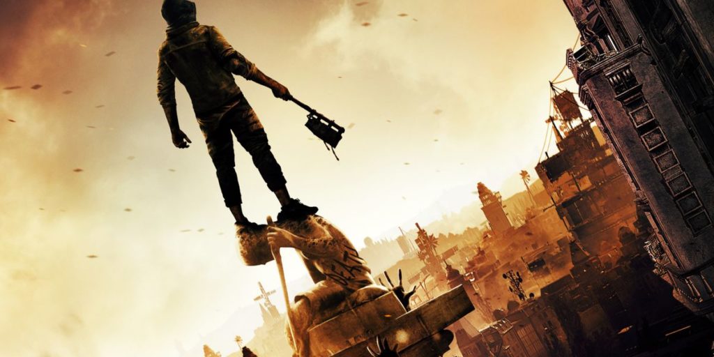 A player standing on a statue looking out over the City of Villedor in Dying Light 2: Stay Human