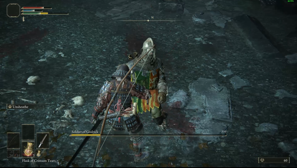 The Samurai class withering down the health of the Soldier of Godrick in Elden Ring