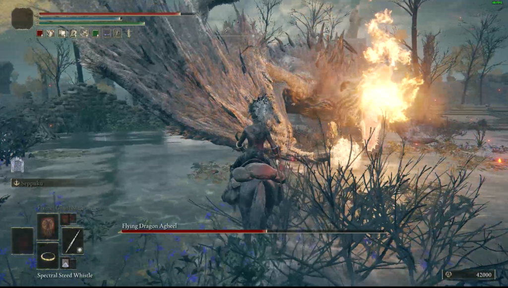 The dragon, Flying Dragon Atheel, in battle in Elden Ring.