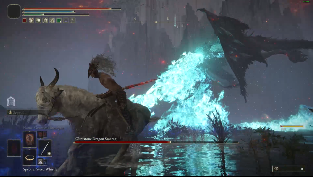 The dragon, Glintstone Dragon Smarag, in battle in Elden Ring.