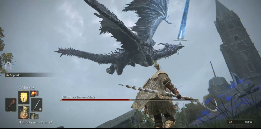 The dragon, Glintstone Dragon Adula, in battle in Elden Ring.