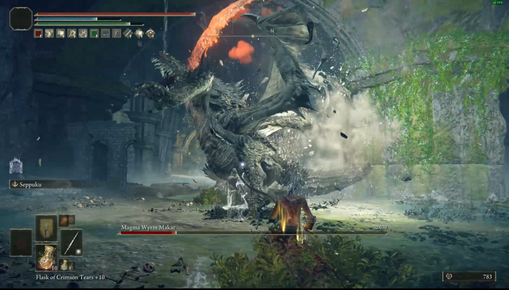 The dragon, Magma Wyrm Makar , in battle in Elden Ring.