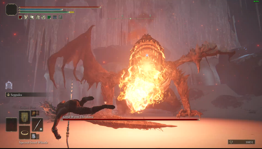 The dragon, Great Wyrm Theodorix, in battle in Elden Ring.