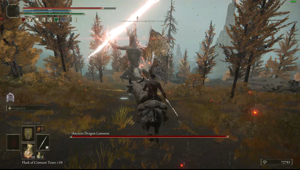 The dragon, Ancient Dragon Lansseax, in battle in Elden Ring.