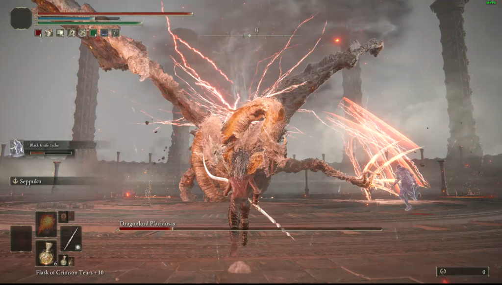 The dragon, Dragonlord Placidusax, in battle in Elden Ring.