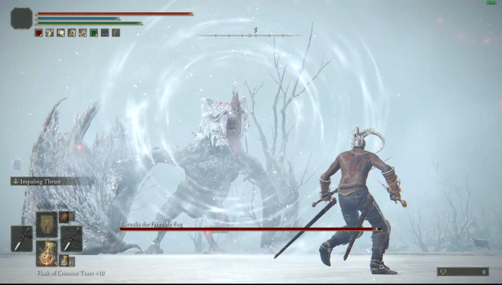 The dragon, Borealis, the Freezing Fog, in battle in Elden Ring.