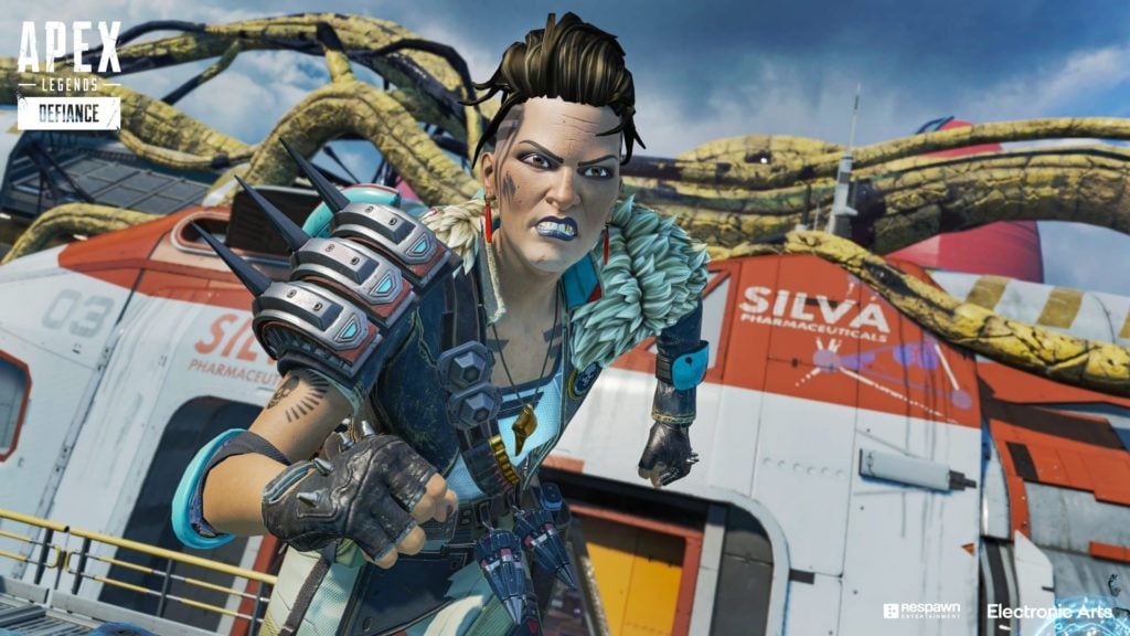 An image of Apex Legends character Mad Maggie charging into a fight.