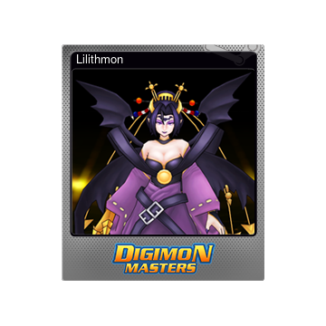 Lilithmon in Digimon Masters: a woman in a purple dress with bat wings stretching to its side. She wears a strange crown and has a seemingly golden right hand.