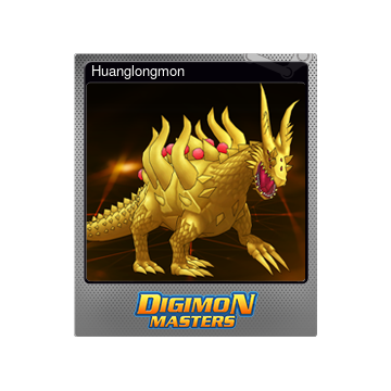 Haunglongmon monster from Digimon Masters. He is a golden dragon with spikes on his back and massive horns and he has red spots over his back as well.
