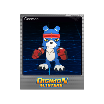 Gaomon monster from Digimon Masters. He looks like a blue furry animal and has a headband and boxing gloves.