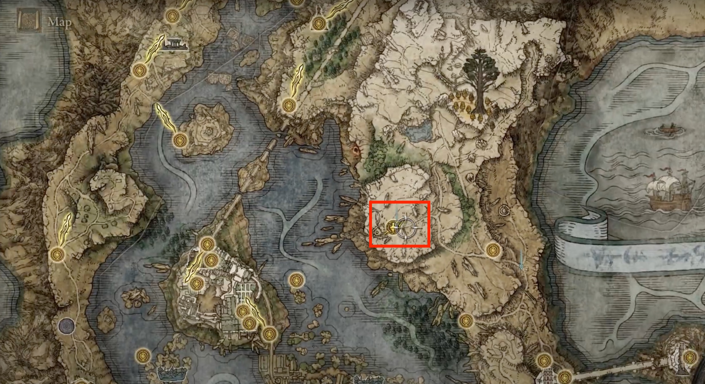 A screenshot of a map in Elden Ring with a red box marking the location of Radagon's wedding.