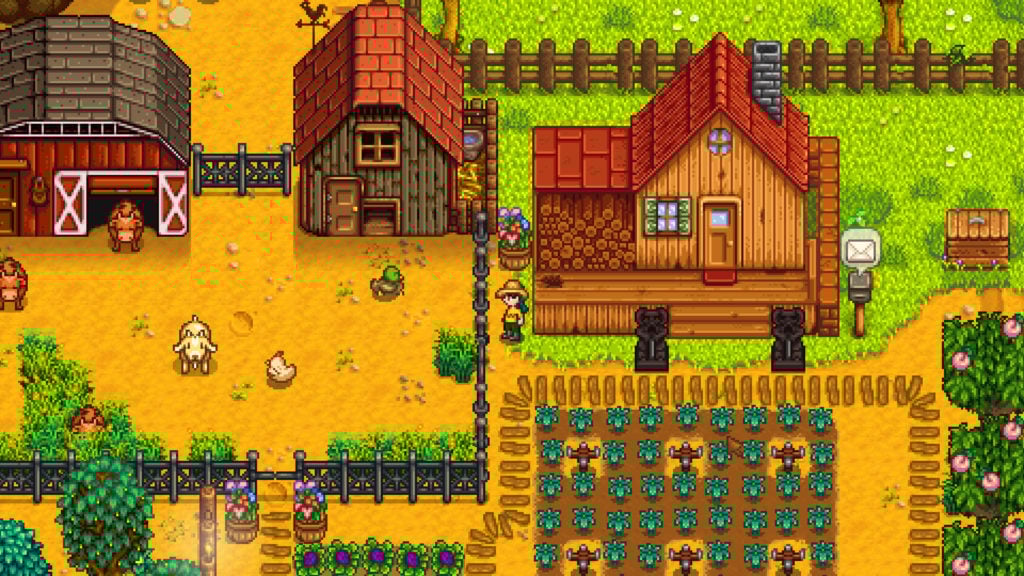 Stardew Valley farm with crops growing, the player character, and animals.