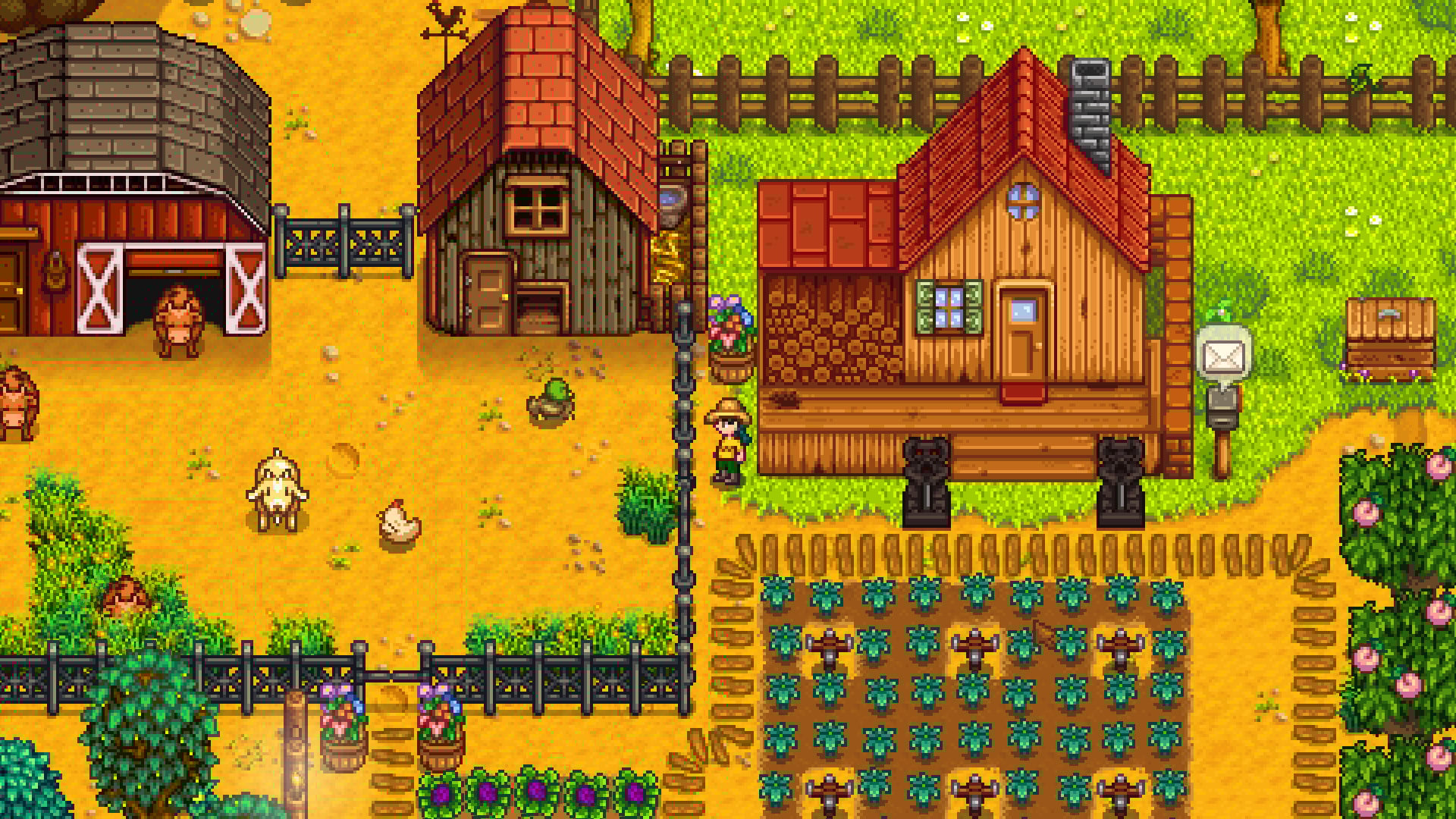 Stardew Valley farm with crops growing, the player character, and animals.