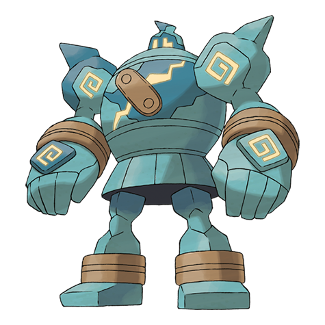 A giant teal humanoid creature resembling a golem with yellow spiral designs and a brown bandage over a crack on its chest.