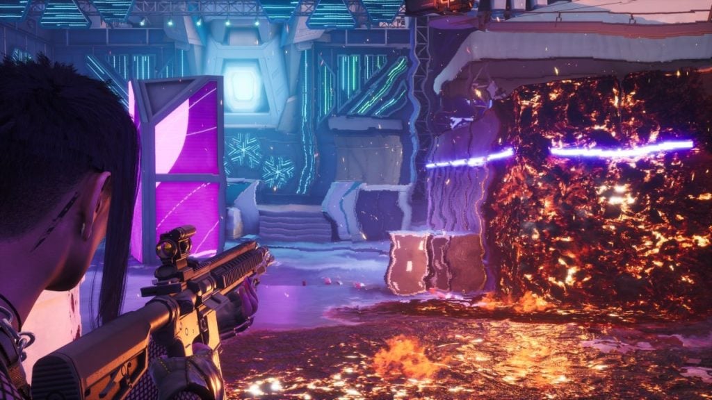 A character wields a rifle in an open square lit by fire and lava in Rogue Company.