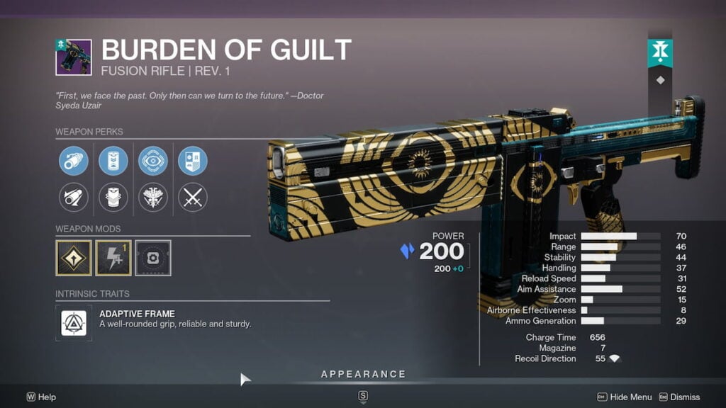 Burden of Guilt fusion rifle inspect in Destiny 2