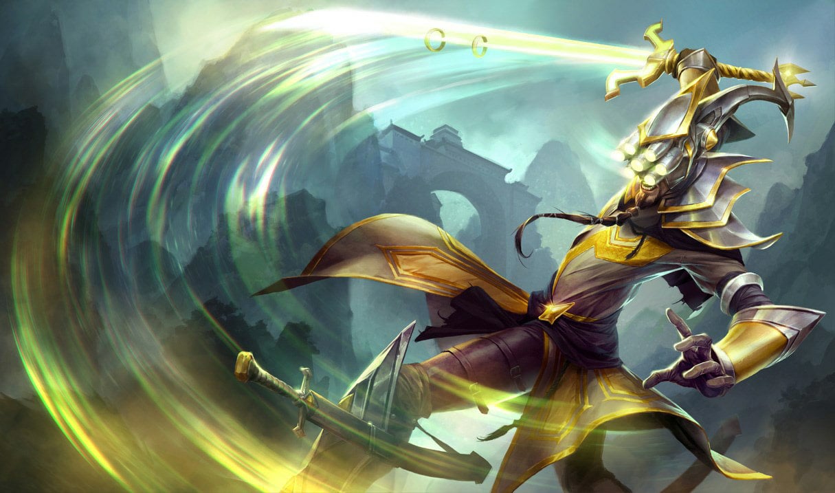 League of Legends Master Yi splash art yellow warrior with sword