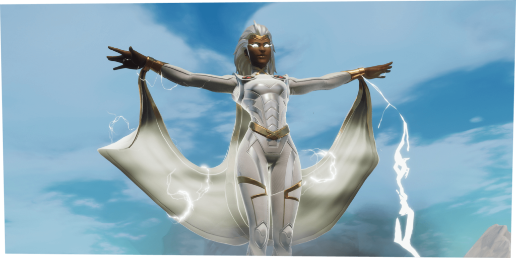 Storm is shown with her iconic white suit and long white hair as she levitates and summons lightning.
