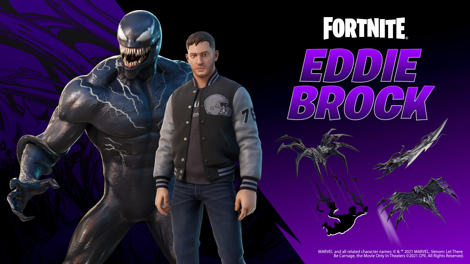 Eddie Brock modeled after Tom Hardy is showcased front and center wearing a letterman jacket. Venom himself stands behind him to the left with gliders and other cosmetics showcased on the right.