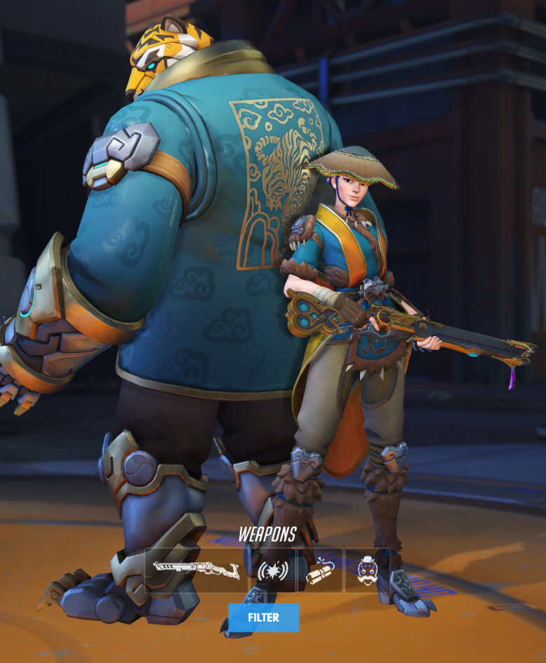 Ashe wears a gilded blue and orange skin.