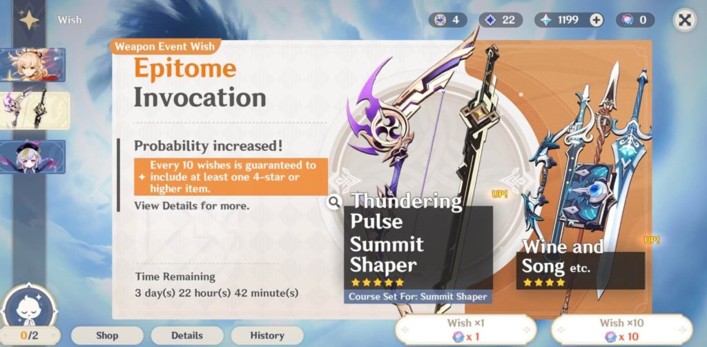 The Weapon Event Wish menu for Thundering Pulse Summit Shaper and Wine and Song in Genshin Impact.
