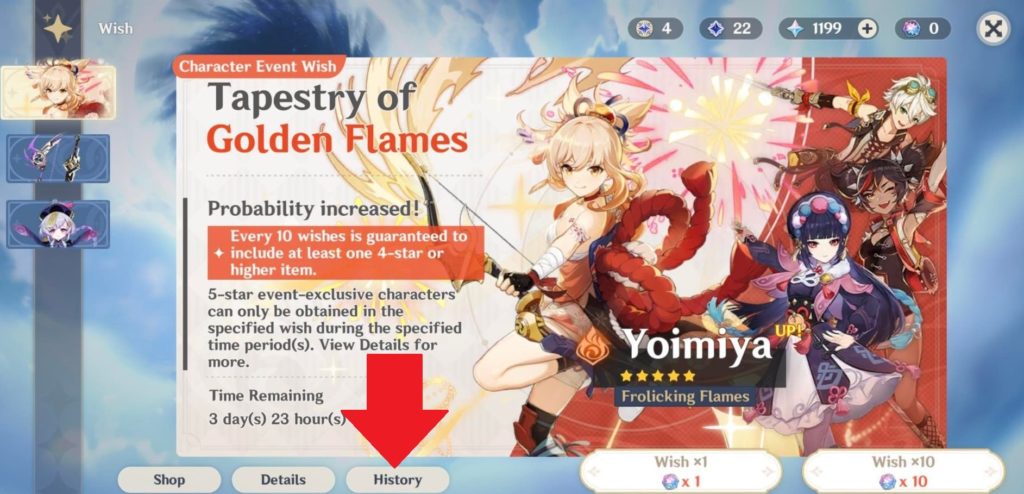 The Character Event Wish screen for Tapestry of Golden Flames in Genshin Impact.