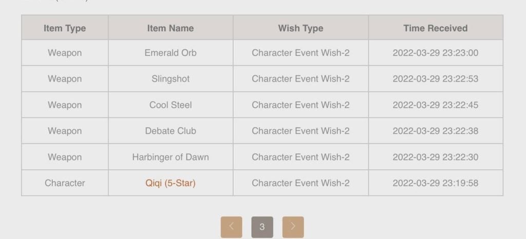 Screenshot of a player's item history page in Genshin Impact.