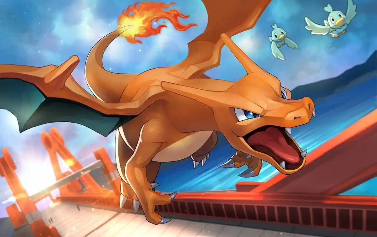 A Charizard taking flight in TCG art.