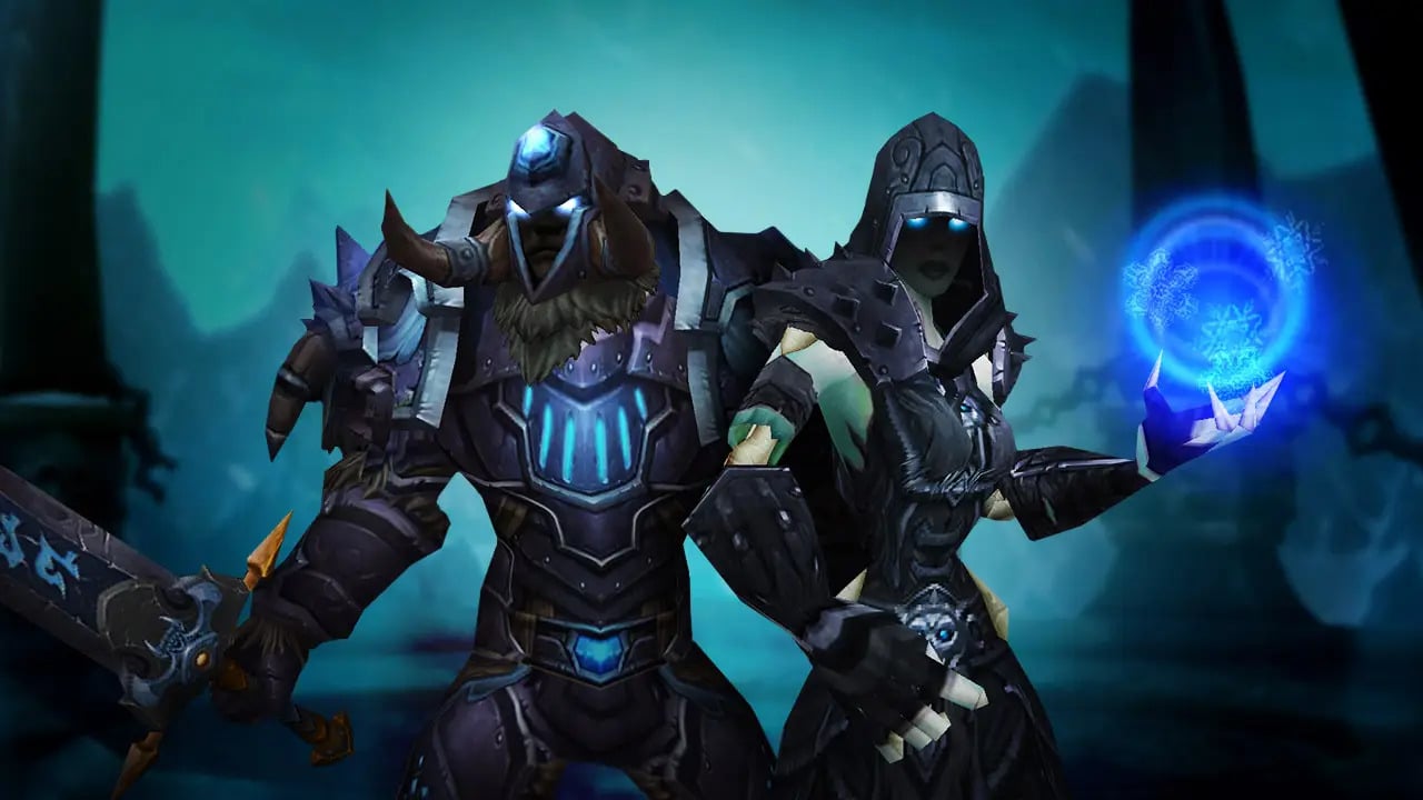 Two Death Knight characters next to one another and ready to fight.