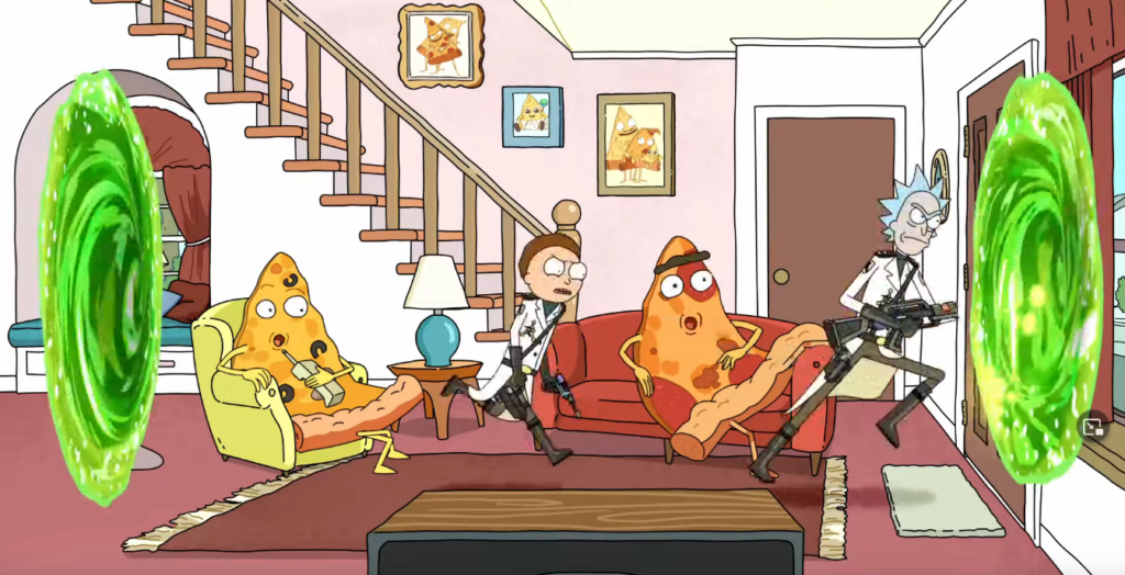 A screengrab of a Rick and Morty Episiode showing the characters running through portals