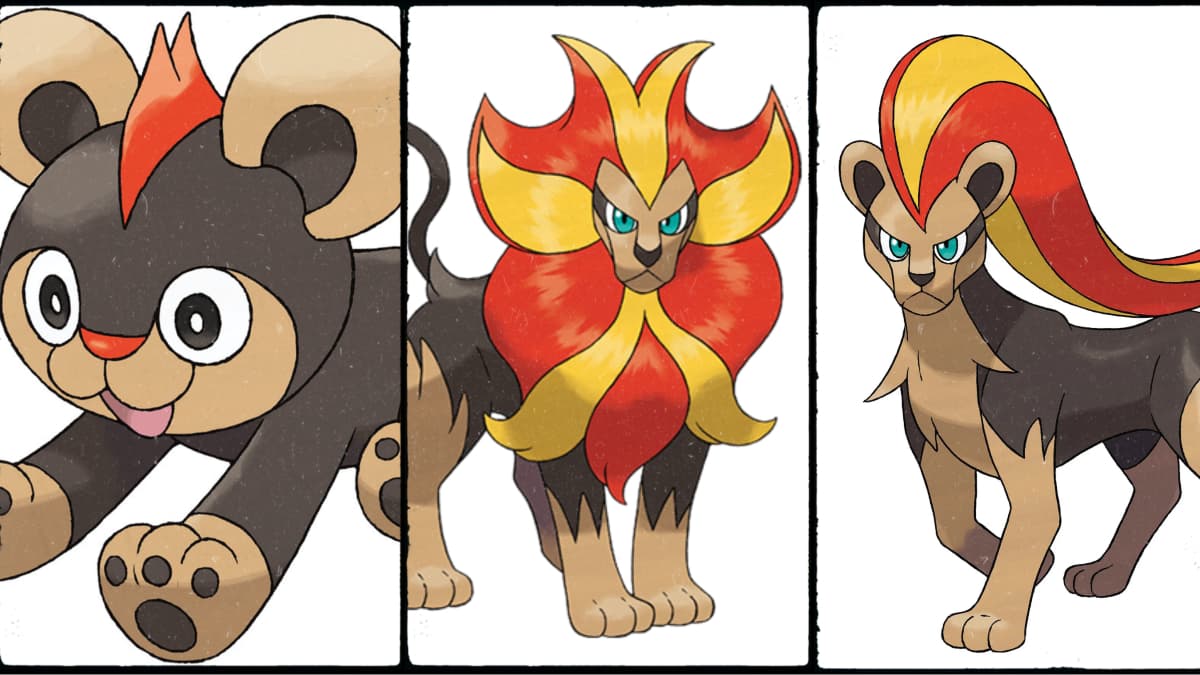 Side by side images of Liteo, a male Pyroar, and a female Pyroar.