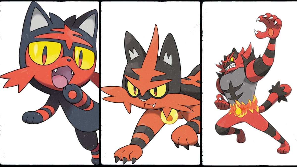 Litten, Torracat and Incineroar in side by side images.