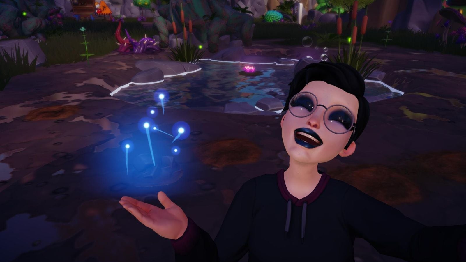 Character in Disney Dreamlight Valley posing happily next to clay in a forest.